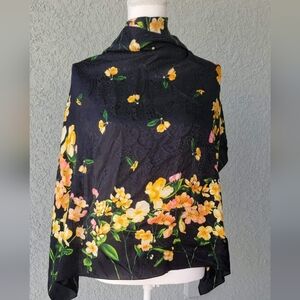 Vintage Anne Klein Black Scarf with Yellow and Pink Floral Design